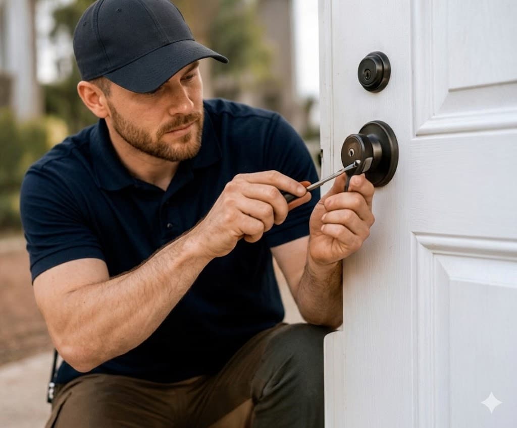 Locksmith technician working on a door lock